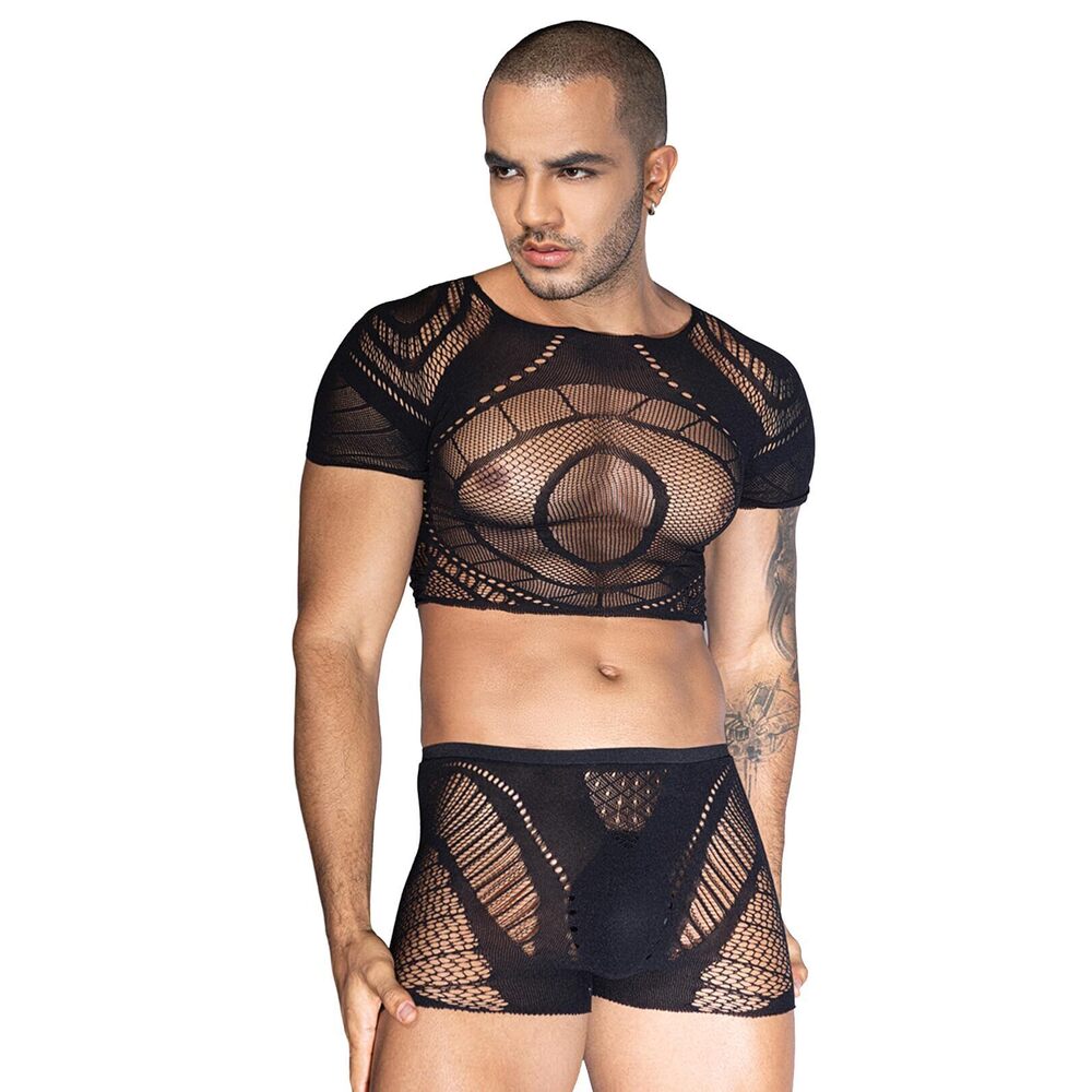 7913 Sexy Mesh Crop Tops Hollow Out Sheer Fishnet Sexy Top and Shorts Set 2
